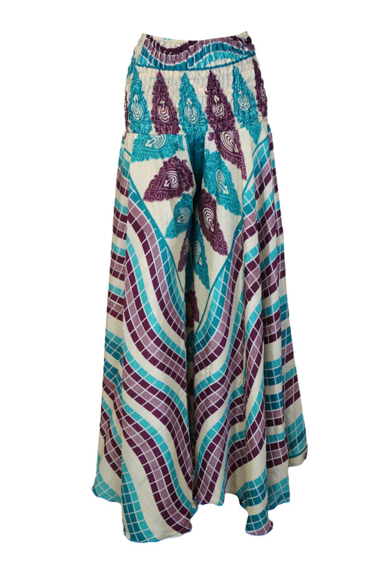 Bohemian Purple-Blue Wide-Leg Palazzo Pants – Flowing Divided Skirt Style for Women SM