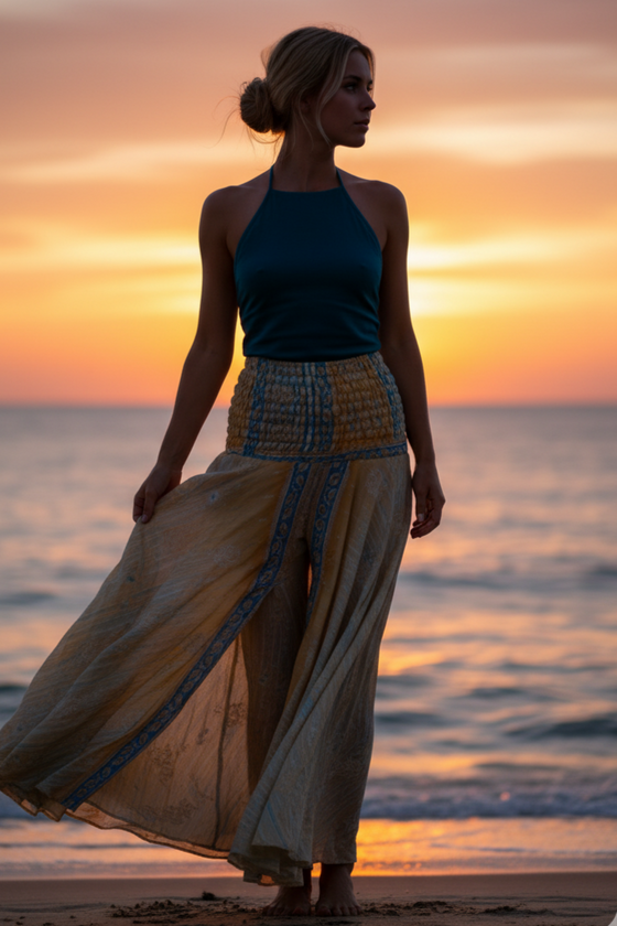 Boho Peach Split Palazzo Pants – Handcrafted Flowy Wide-Leg Boho Trousers for Women SM