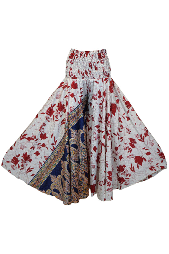 Graceful Bohemian White Palazzo Pants with Red Leaf Print – Handmade & Flowy SM