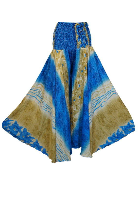 Bohemian Beige & Blue Wide-Leg Palazzo with a Graceful Flowing Silhouette SM