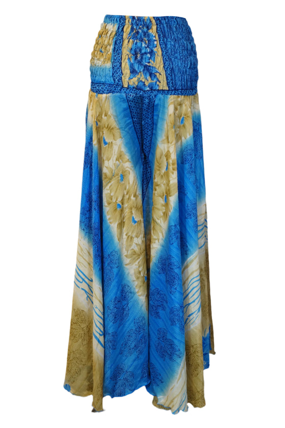 Bohemian Beige & Blue Wide-Leg Palazzo with a Graceful Flowing Silhouette SM