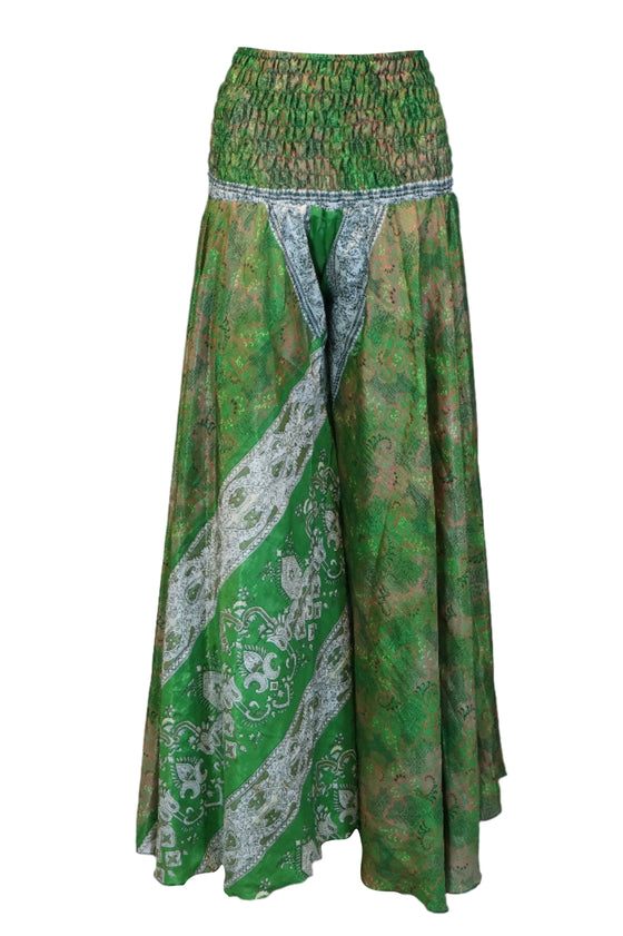 Boho Hippie Forest Green Floral Palazzo – Flowing, Spring-Inspired Wide-Leg Pants SM