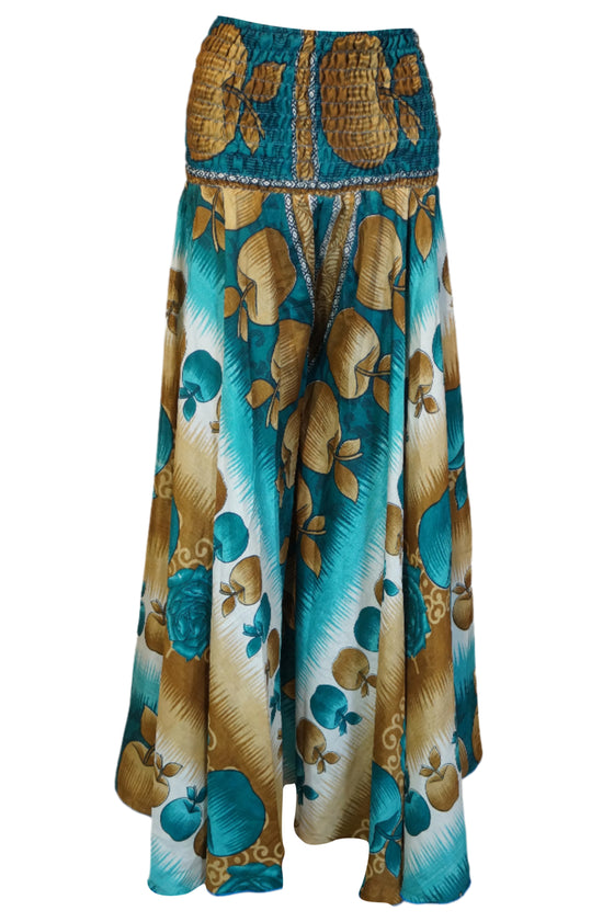 Handmade Boho Palazzo Pants – Breezy Brown & Blue Apple Print, Effortlessly Chic SM