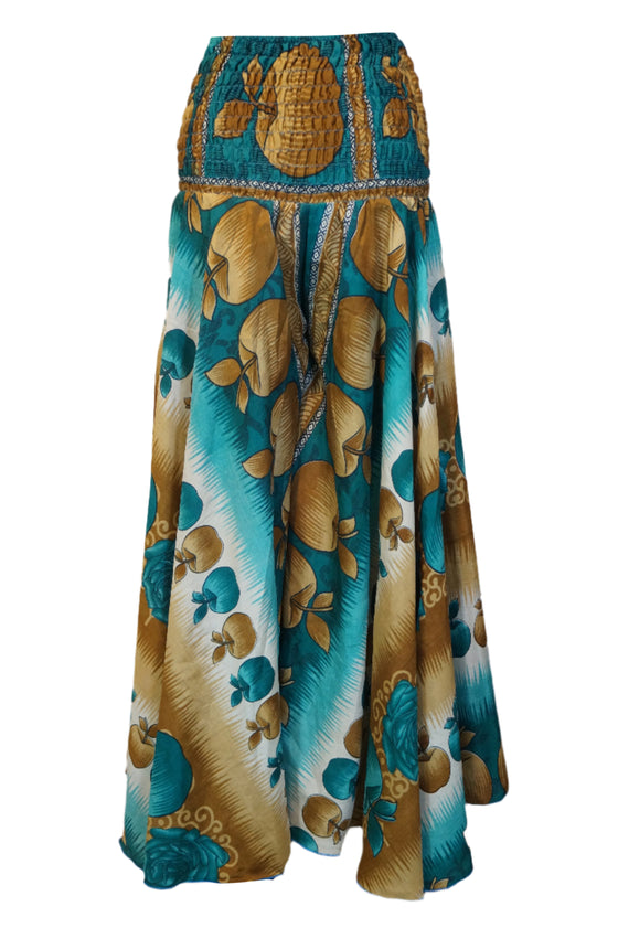 Handmade Boho Palazzo Pants – Breezy Brown & Blue Apple Print, Effortlessly Chic SM