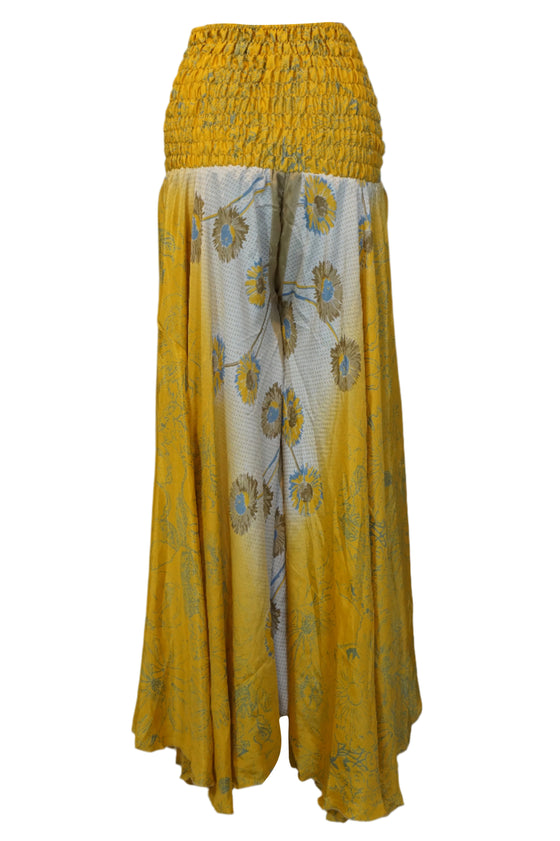 Bohemian Mango Yellow Wide-Leg Pants – Handmade Flowy Split Palazzo Elegance SM