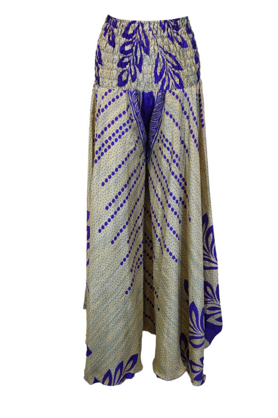 Boho Flowy Flare Pants – Beige and Purple Leaf Print, Hippie-Inspired Palazzo Pant SM
