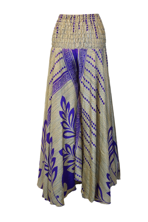 Boho Flowy Flare Pants – Beige and Purple Leaf Print, Hippie-Inspired Palazzo Pant SM