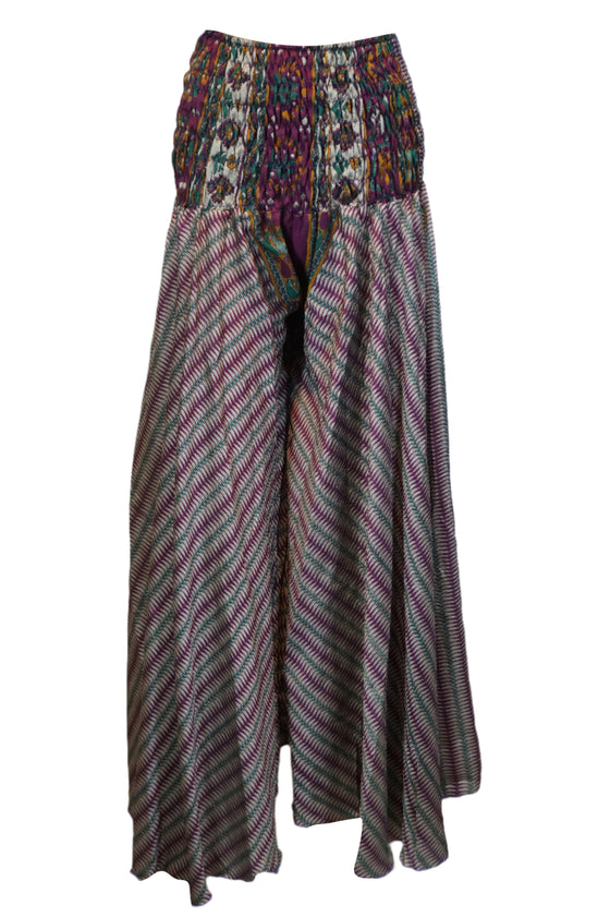 Boho Free-Flow Flare Pants – Purple and Green Floral Print, Hippie Divided Pant SM
