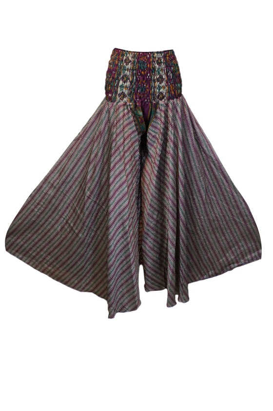 Boho Free-Flow Flare Pants – Purple and Green Floral Print, Hippie Divided Pant SM