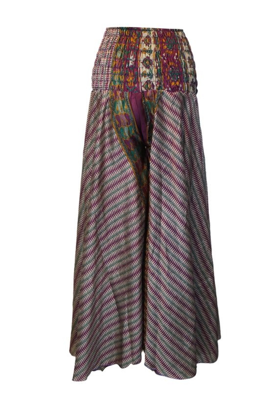 Boho Free-Flow Flare Pants – Purple and Green Floral Print, Hippie Divided Pant SM