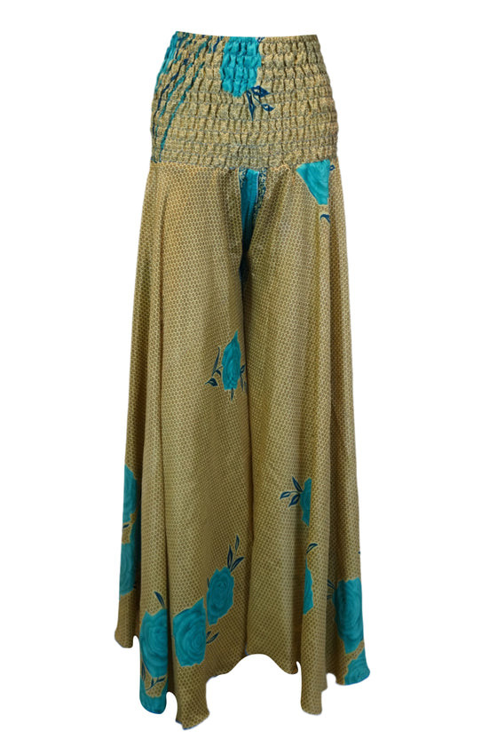 Boho Handmade Beige & Blue Floral Boho Palazzo – Graceful Wide-Leg Elegance SM