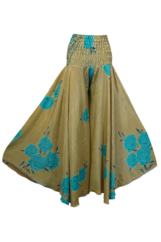 Boho Handmade Beige & Blue Floral Boho Palazzo – Graceful Wide-Leg Elegance SM