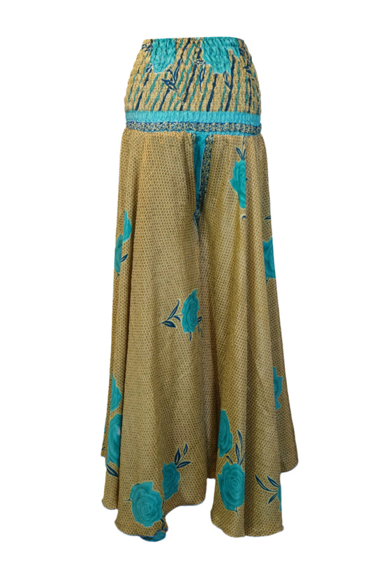 Boho Handmade Beige & Blue Floral Boho Palazzo – Graceful Wide-Leg Elegance SM