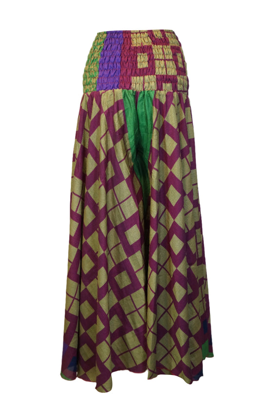 Green and Purple Boho Flare Pants – Hippie-Inspired Box Print Palazzo Trousers SM