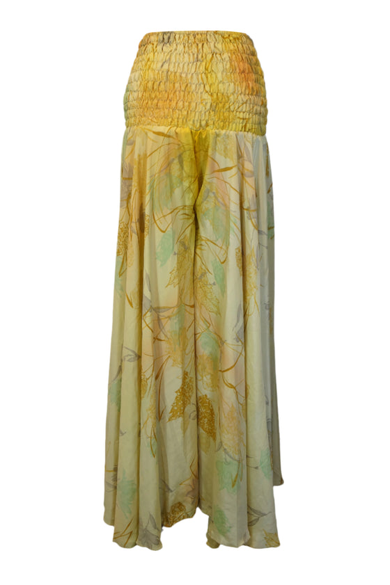 Handmade Bohemian Daffodil Yellow Wide-Leg Pants – Flowy Split Palazzo Elegance SM