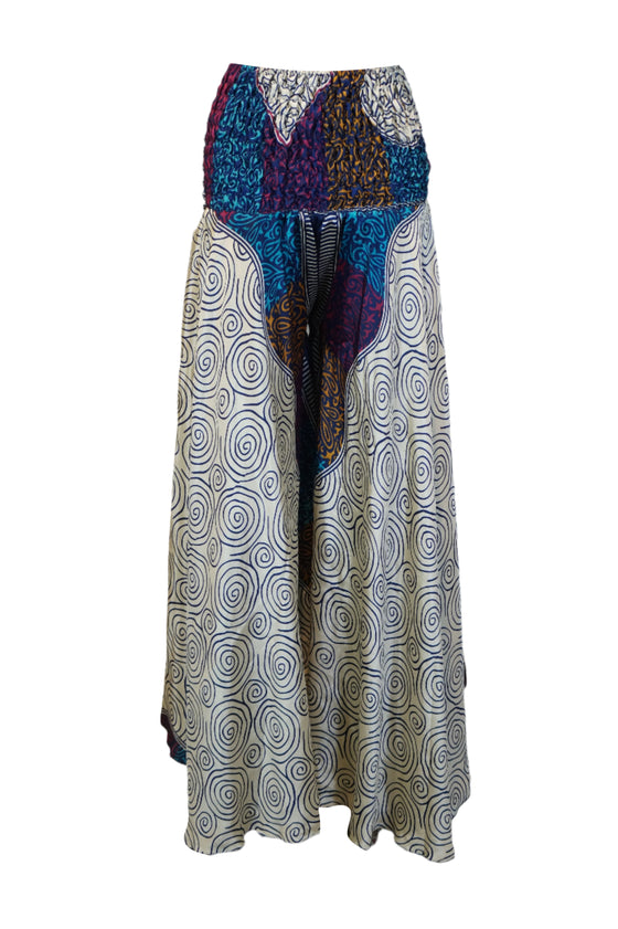Handcrafted Bohemian White and Blue Printed Wide-Leg Pants Split Palazzo Pant SM