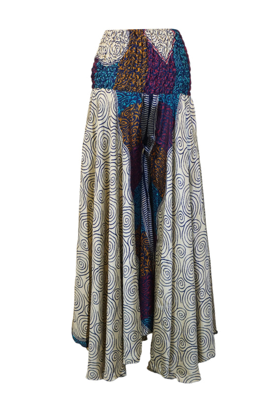 Handcrafted Bohemian White and Blue Printed Wide-Leg Pants Split Palazzo Pant SM