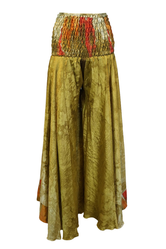 Olive Green Boho Flare Pants – Hippie-Inspired Box Print Palazzo Style Pant SM