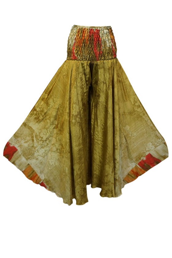Olive Green Boho Flare Pants – Hippie-Inspired Box Print Palazzo Style Pant SM