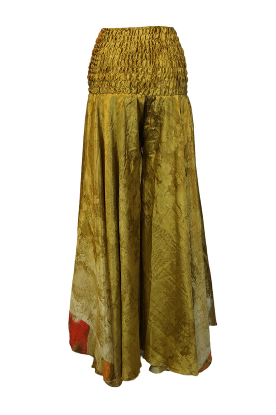 Olive Green Boho Flare Pants – Hippie-Inspired Box Print Palazzo Style Pant SM