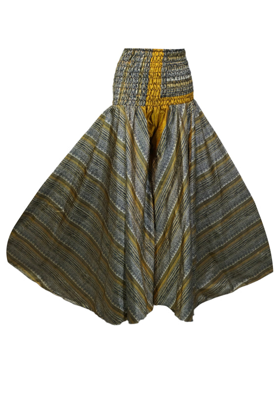 Bohemian Gold Boho Flare Pants – Hippie-Inspired Box Print Palazzo Trousers SM