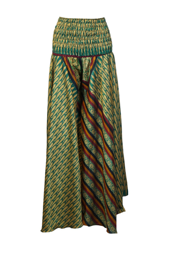 Bohemian Seaweed Green Flare Pants – Hippie-Inspired Box Print Palazzo SM