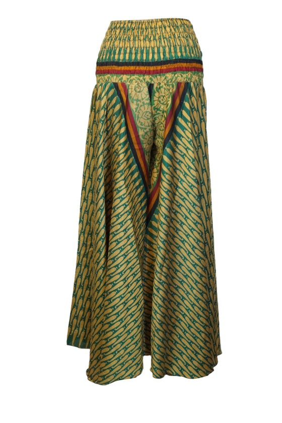 Bohemian Seaweed Green Flare Pants – Hippie-Inspired Box Print Palazzo SM