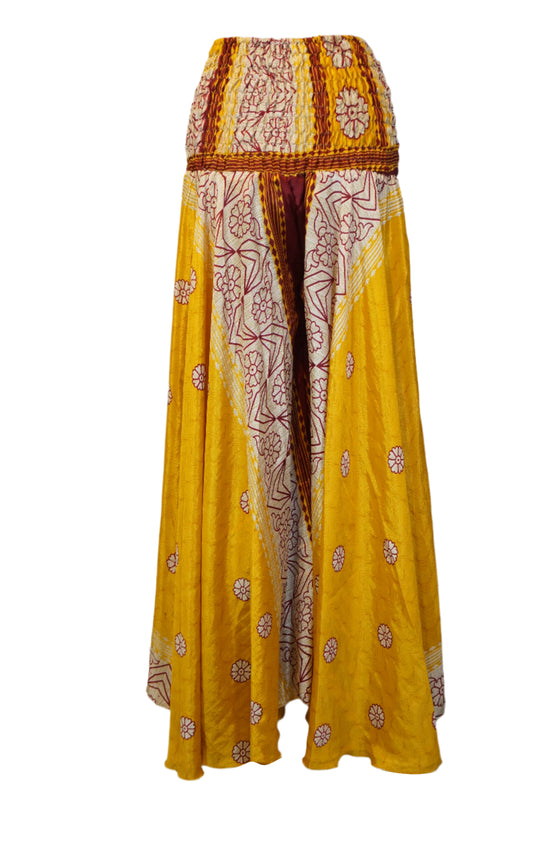 Handmade Bohemian Wide-Leg Pants in Gold Yellow – Flowy Split Palazzo Elegance SM