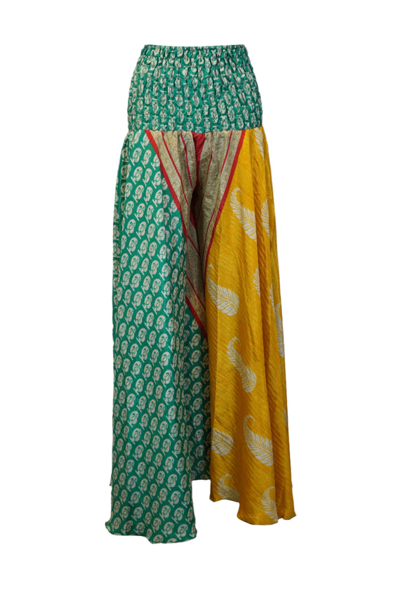 Handmade Bohemian Wide-Leg Pants in Green ,Yellow  Flowy Split Palazzo Elegance SM