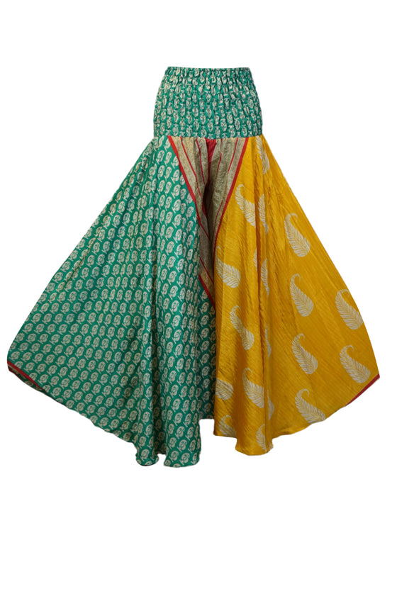 Handmade Bohemian Wide-Leg Pants in Green ,Yellow  Flowy Split Palazzo Elegance SM