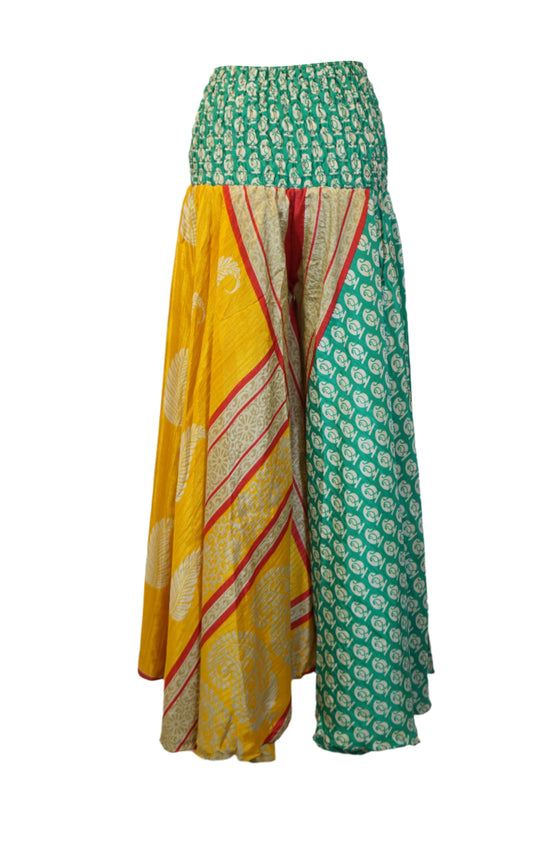 Handmade Bohemian Wide-Leg Pants in Green ,Yellow  Flowy Split Palazzo Elegance SM