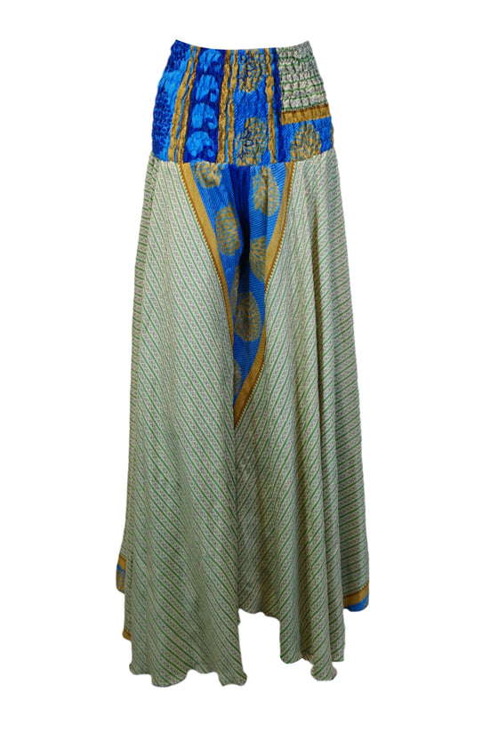 Handcrafted Boho Wide-Leg Palazzo Pants Light Green with Whimsical Floral Print SM