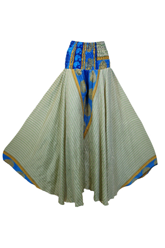 Handcrafted Boho Wide-Leg Palazzo Pants Light Green with Whimsical Floral Print SM