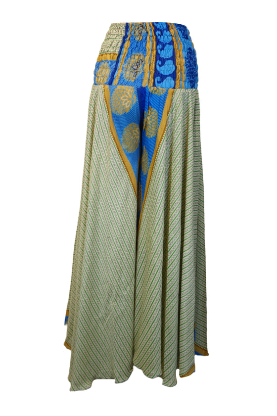 Handcrafted Boho Wide-Leg Palazzo Pants Light Green with Whimsical Floral Print SM