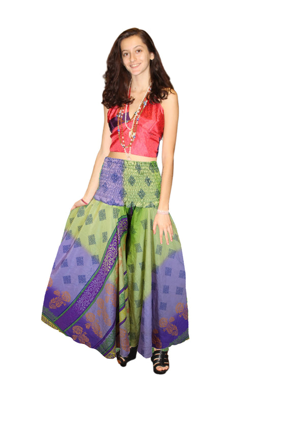  Bohemian Palazzo Pants – Green & Purple Floral Elegance in a Free-Spirited Flow SM