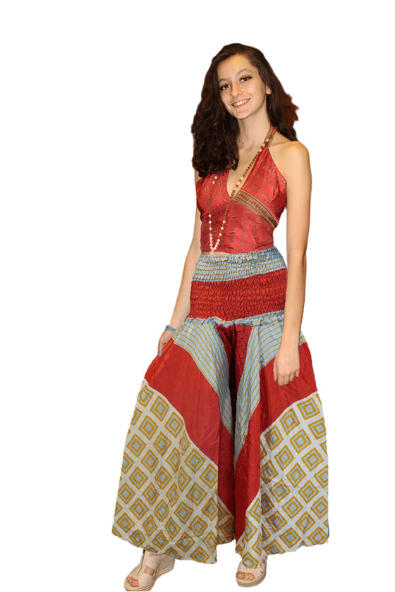  Boho Wide-Leg Palazzo Pants – Red & Beige with a Whimsical Floral Touch SM