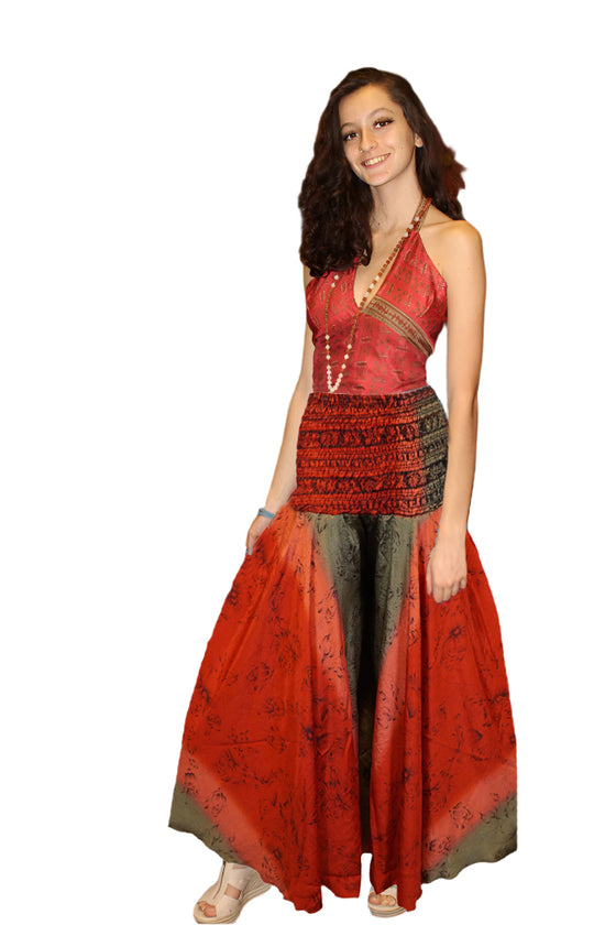 Boho Wide-Leg Palazzos in Candy Red & Beige with Whimsical Floral Accents SM