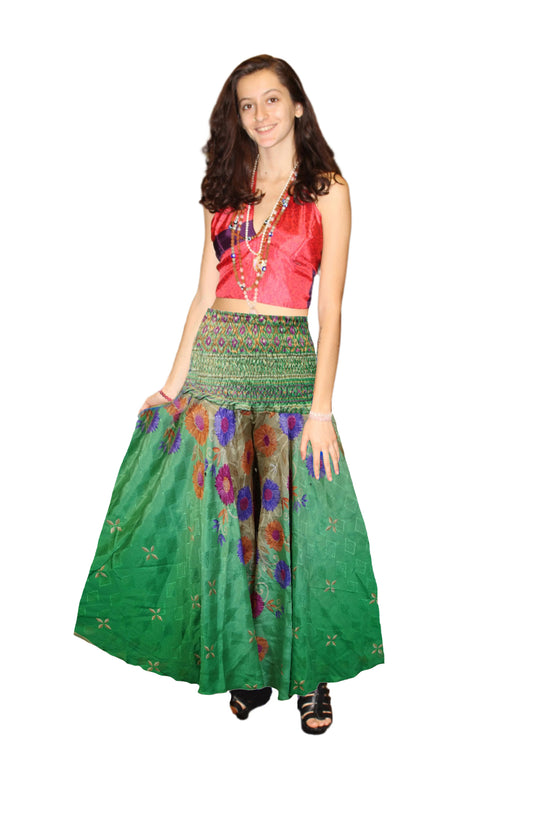 Handcrafted Parakeet Green Boho Palazzo Pants Adorned with Elegant Bohemian Florals SM