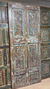 Antique Blue Distressed Wooden Door Hand-Carved Six-Panels Barn Door 80x32.5
