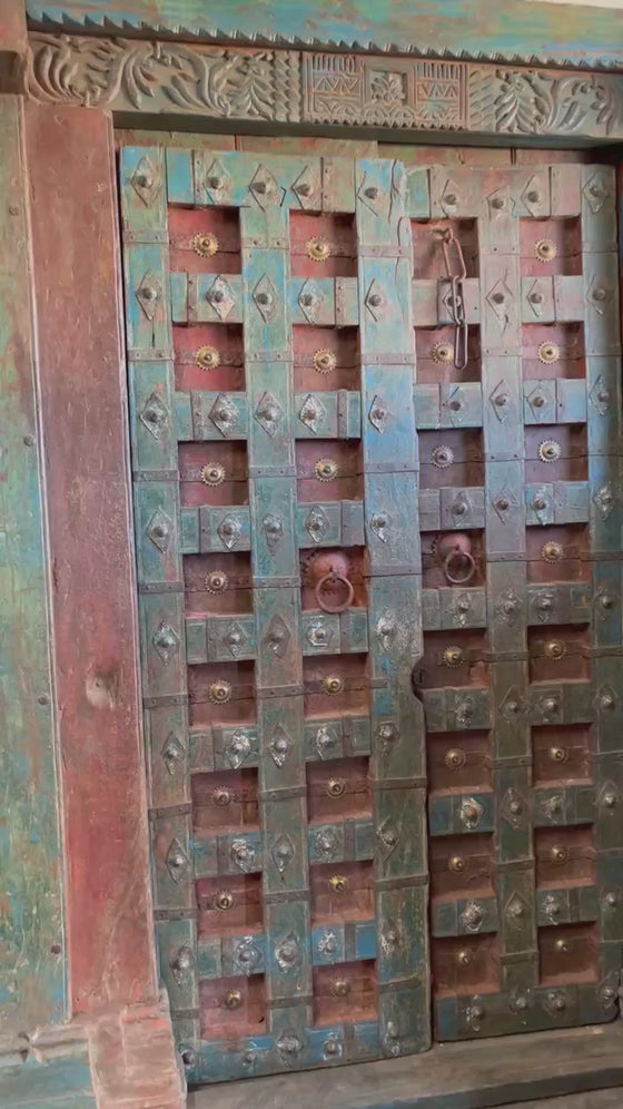 Antique Indian Door Rustic Blue Carved Vintage Teak Door with Frame 84