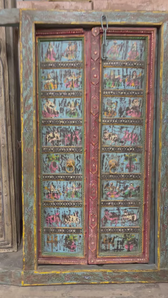 Antique Indian Door Hand Carved Blue Painted Garden Doors 69.5x38