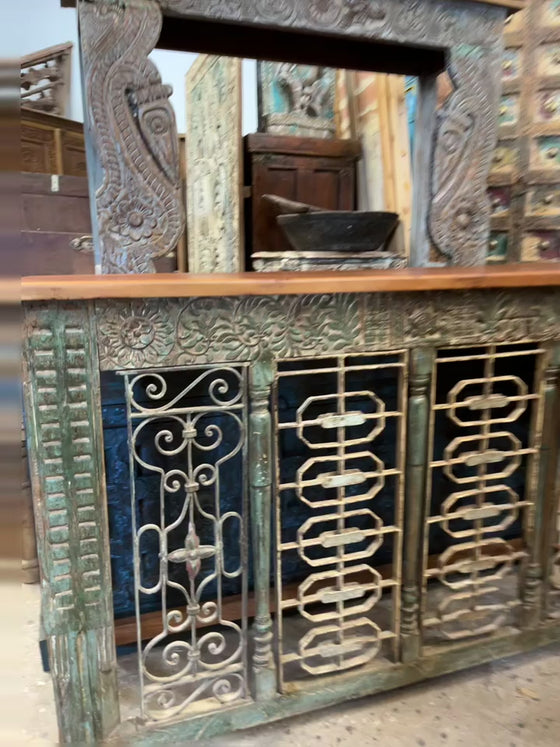 Antique Indian Console Table, Iron Jali Carved TV Table, Vintage Green Console, 64