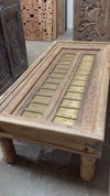 Antique Carved Door Coffee Table – Rustic Brass-Clad Accent Table