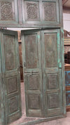 Antique Green Carved Door Teak Wood Double Door Hinged Garden Door 98x69