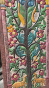 Hand Painted Tree of Life Wood Panel Vintage Carved Wall Art with Peacocks & Deer 84x36