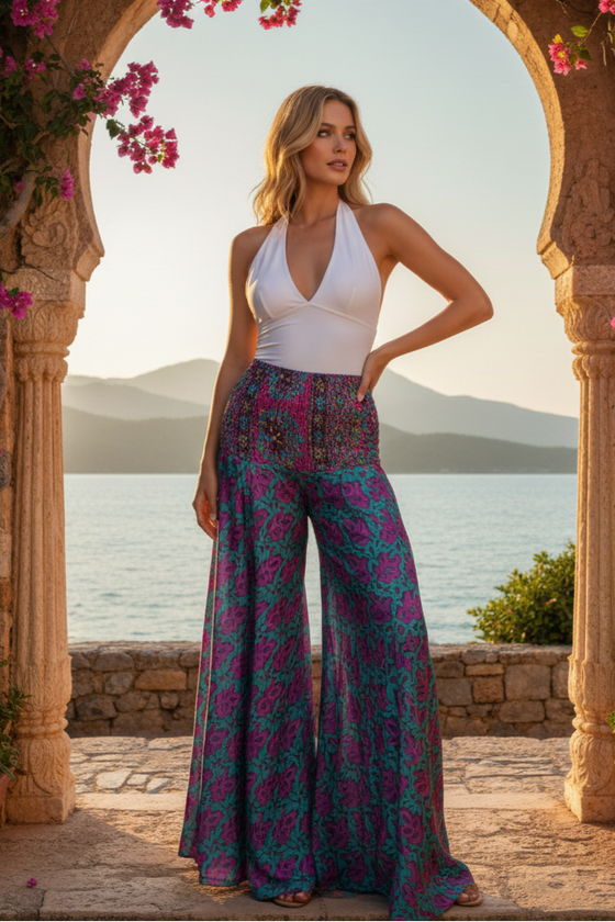 Women's Purple & Blue Boho Palazzo – Handmade Flowy Wide-Leg Bohemian Pants SM