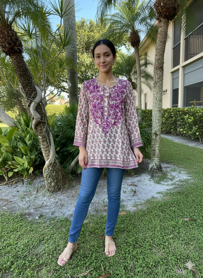  Woman wearing a patterned pink and purple top and blue jeans standing outdoors with palm trees and a building in the background.