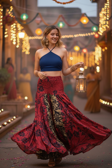  Red Boho Palazzo Pants – Handmade Flowy Wide-Leg Trousers with Floral Patterns SM