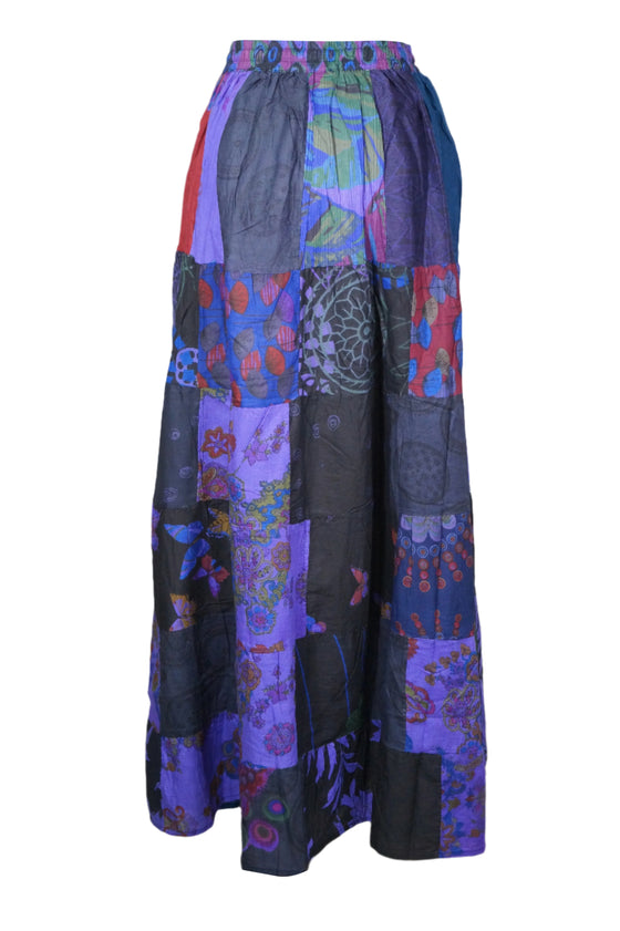 Women's Bohemian Maxi Skirt – Purple Cotton Patchwork for Beach & Summer Days SM