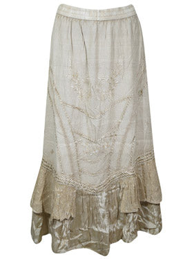 Beige Long Maxi Skirt with Net Hand Embroidery, Boho Maxi Skirts M/L
